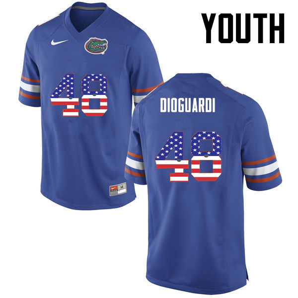 Youth Florida Gators #48 Brett DioGuardi College Football USA Flag Fashion Jerseys-Blue